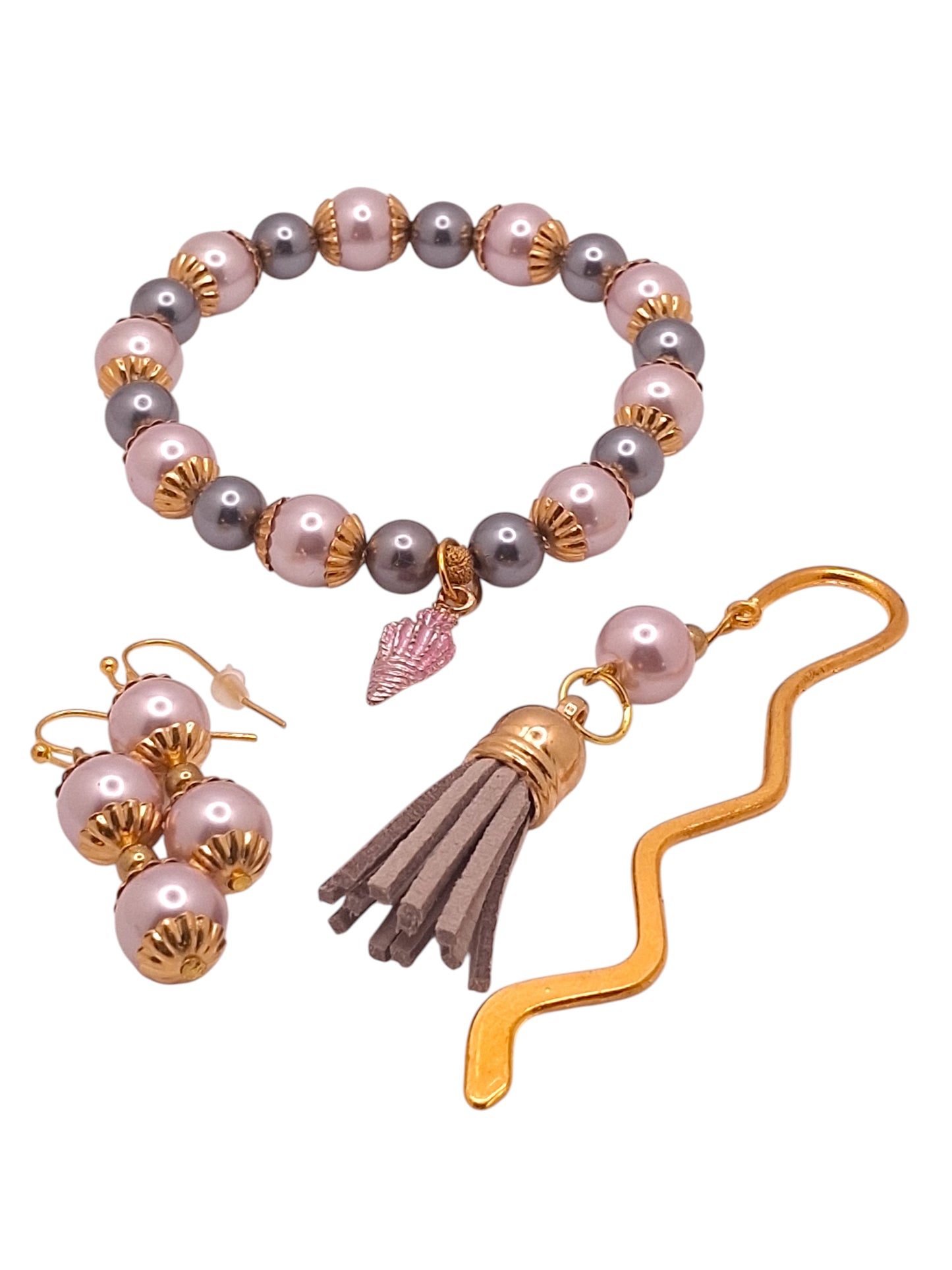 Gold-tone Zigzag Bookmark with Gray and Light Pink Faux Pearls, Earrings and Bracelets