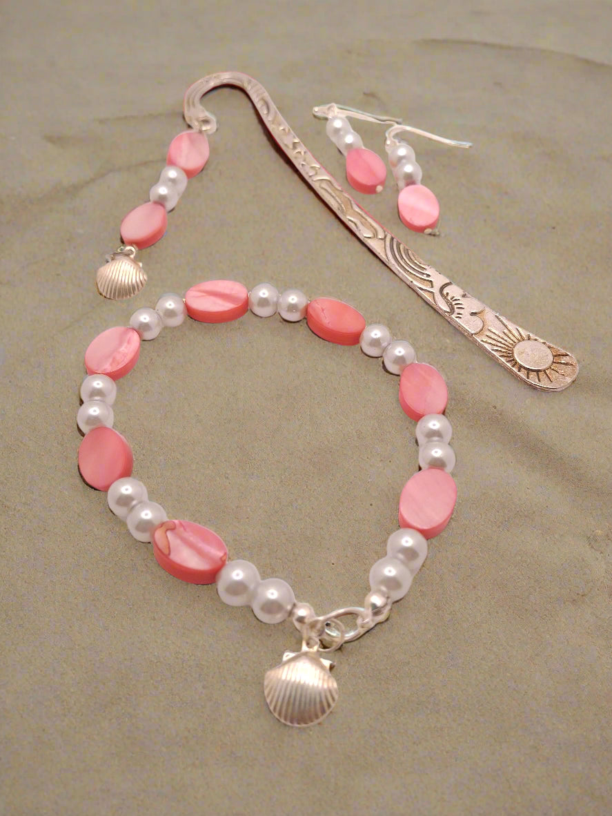 Silver-tone Sun-Rainbow-Stars Bookmark with Pink Marble Beads and Faux Pearls with Earrings and Bracelet