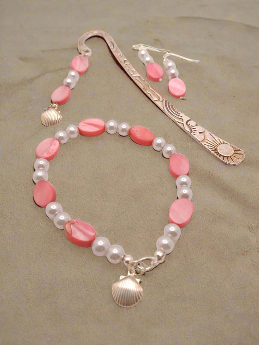 Silver-tone Sun-Rainbow-Stars Bookmark with Pink Marble Beads and Faux Pearls with Earrings and Bracelet