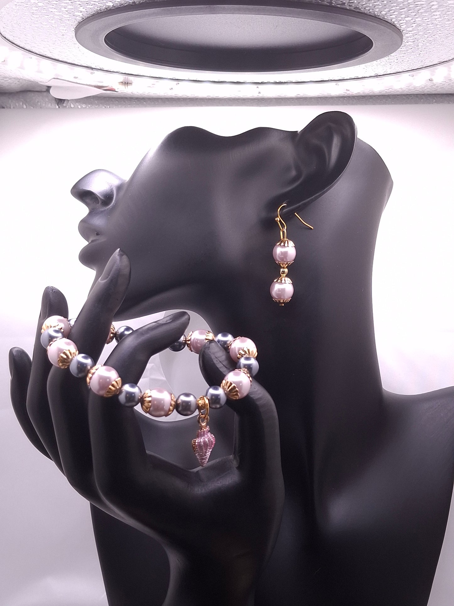 Gold-tone Zigzag Bookmark with Gray and Light Pink Faux Pearls, Earrings and Bracelets