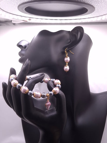 Gold-tone Zigzag Bookmark with Gray and Light Pink Faux Pearls, Earrings and Bracelets