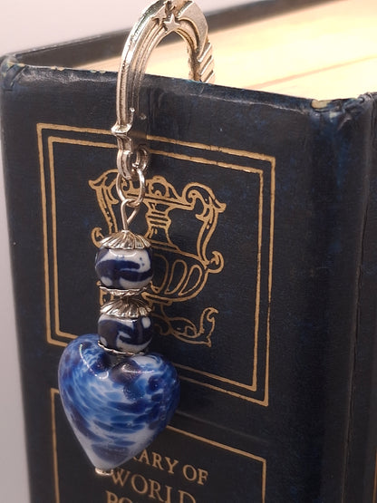 Silver-tone Sun-Rainbow-Stars Bookmark with Blue Glass Beads and Heart, and Earrings