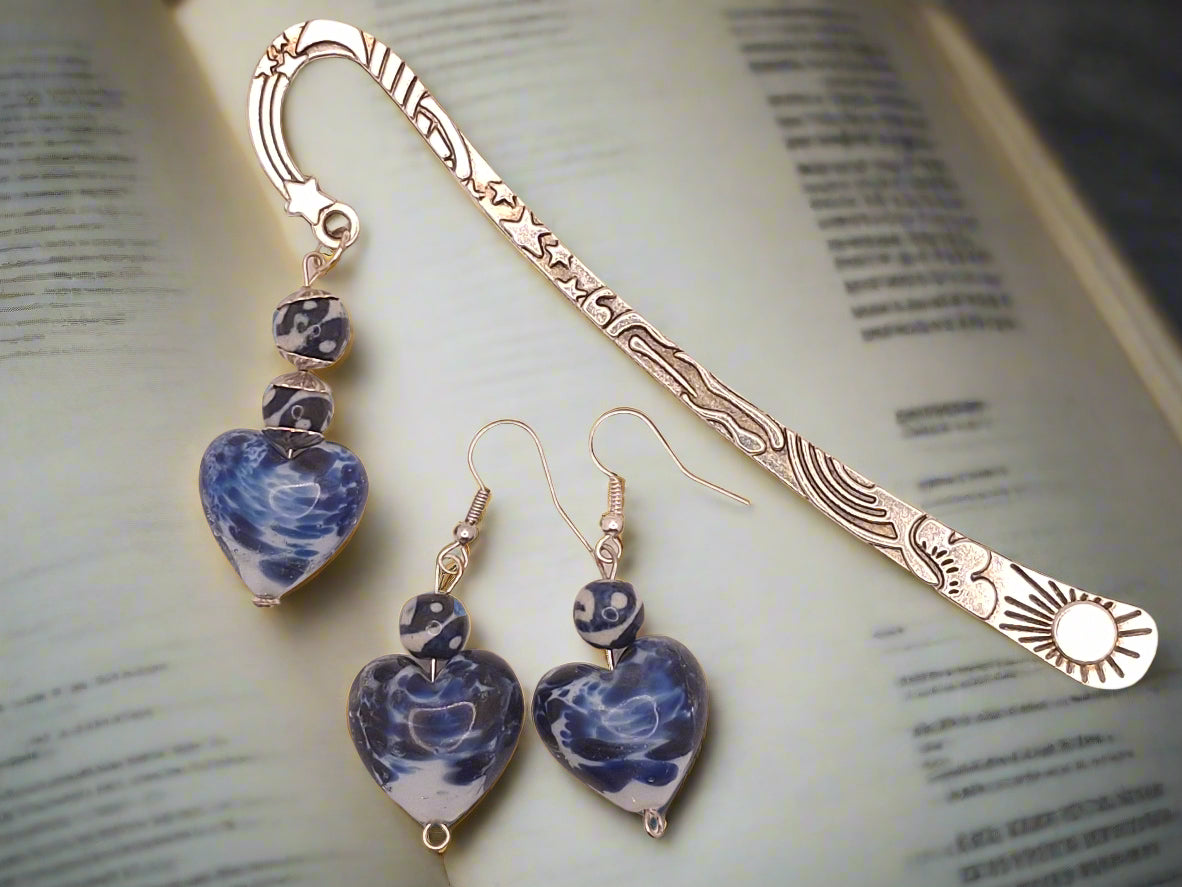 Silver-tone Sun-Rainbow-Stars Bookmark with Blue Glass Beads and Heart, and Earrings