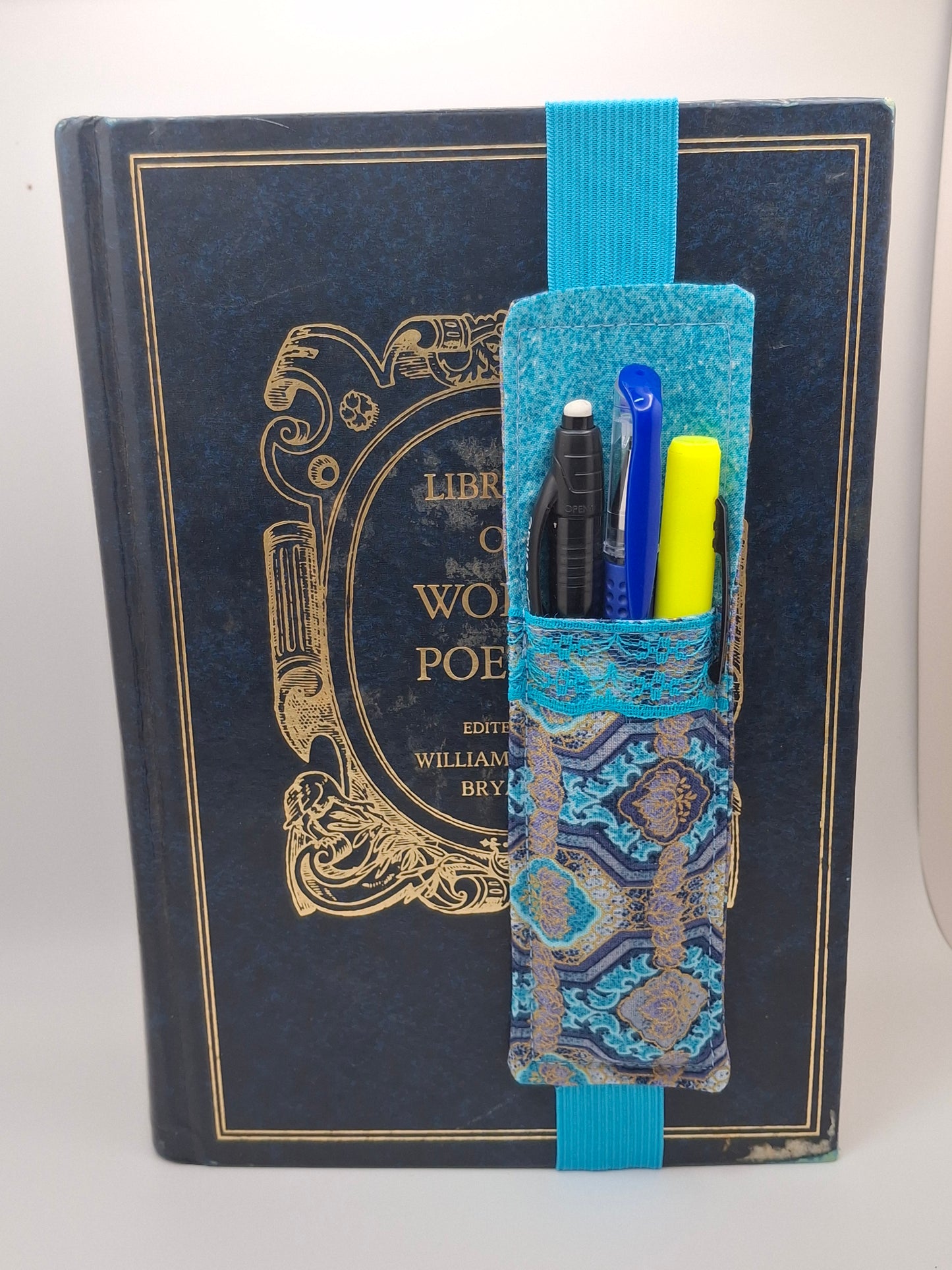 Penholder/Bookmark - Turquoise and Blue/Gold Mosaic - Blue Elastic