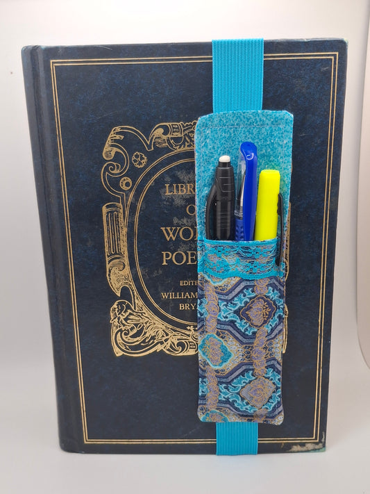 Penholder/Bookmark - Turquoise and Blue/Gold Mosaic - Blue Elastic