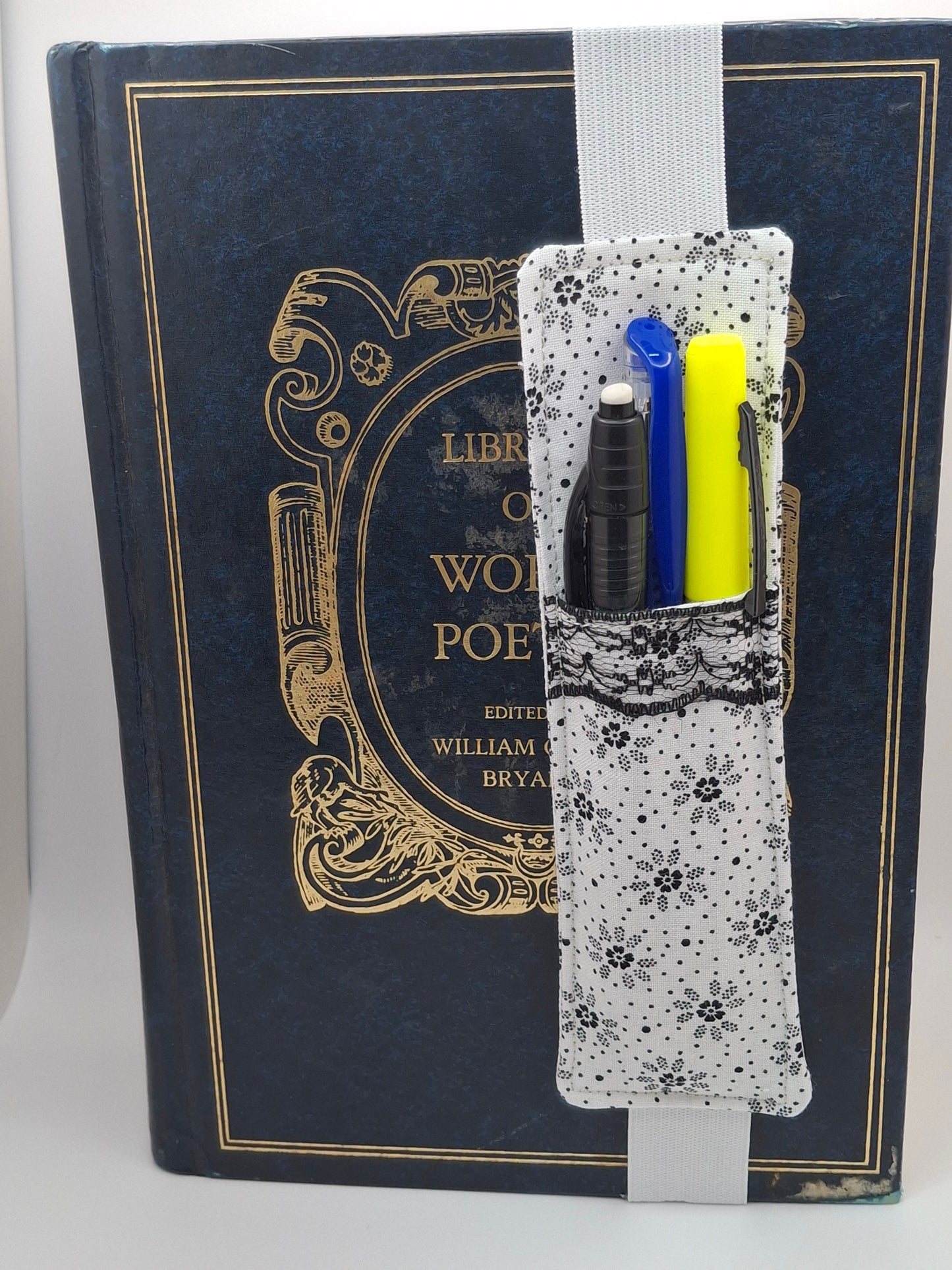 Penholder/Bookmark - White/Black Floral Burst - White Elastic