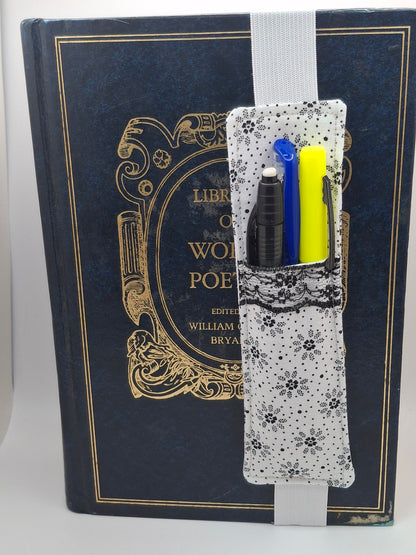 Penholder/Bookmark - White/Black Floral Burst - White Elastic