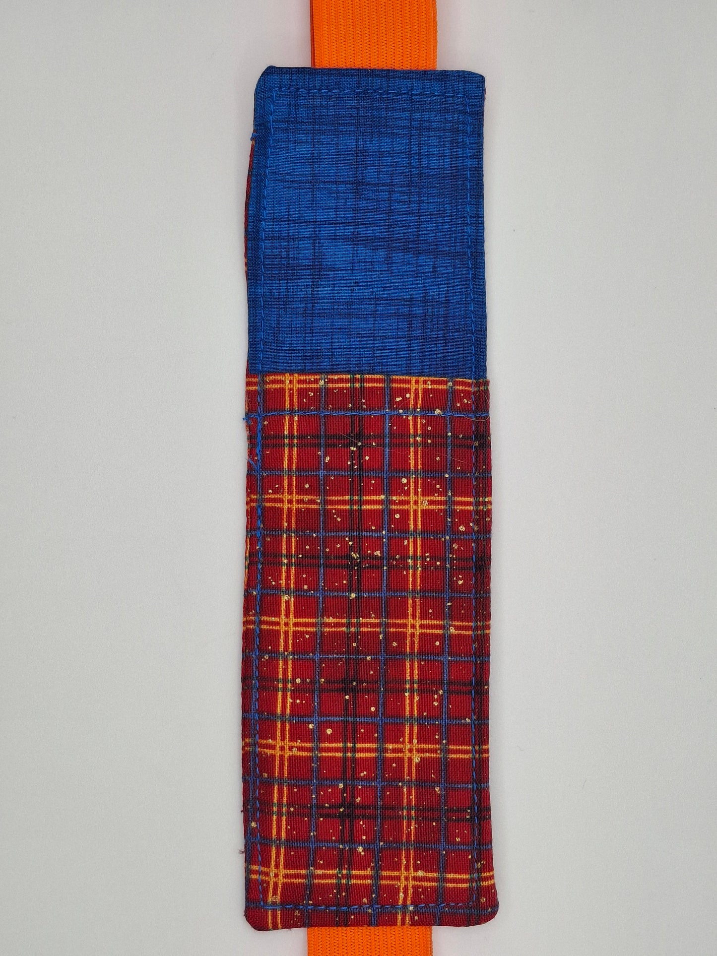 Penholder/Bookmark - Blue and Plaid - Orange Elastic