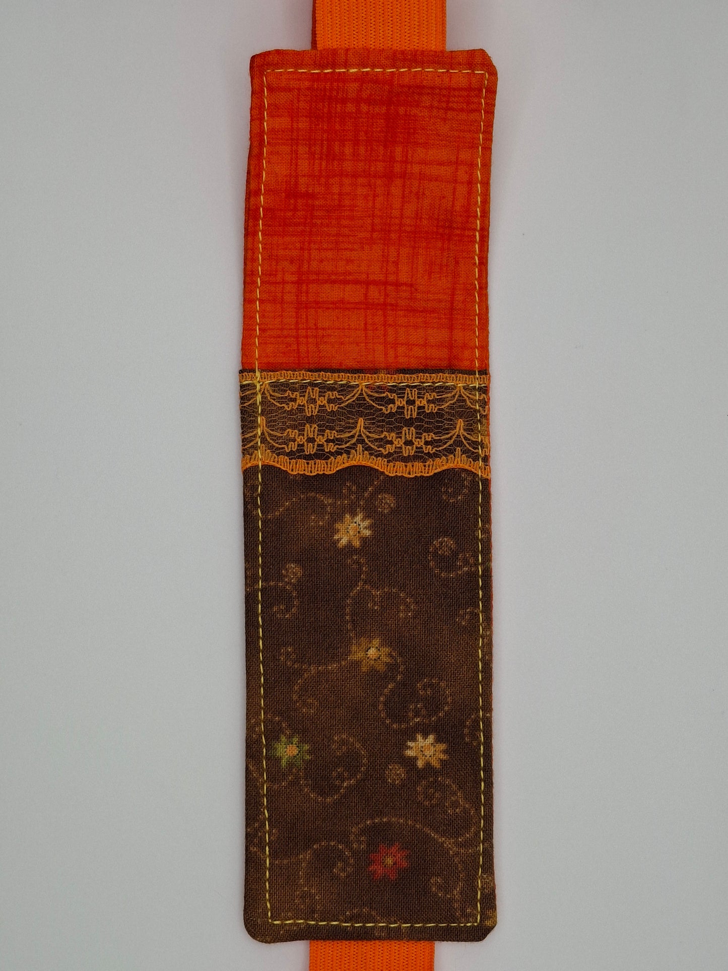 Penholder/Bookmark - Orange and Brown Floral Print - Orange Elastic