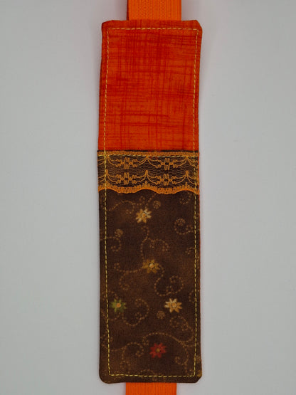 Penholder/Bookmark - Orange and Brown Floral Print - Orange Elastic