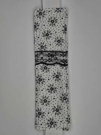 Penholder/Bookmark - White/Black Floral Burst - White Elastic