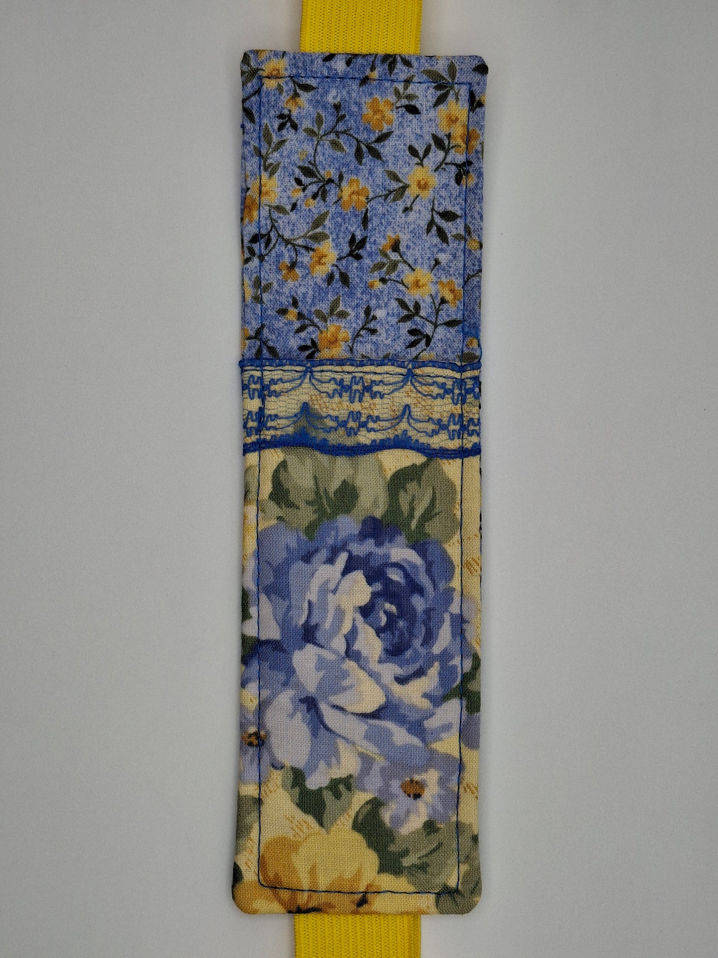 Penholder/Bookmark - Yellow/Blue Floral - Yellow Elastic