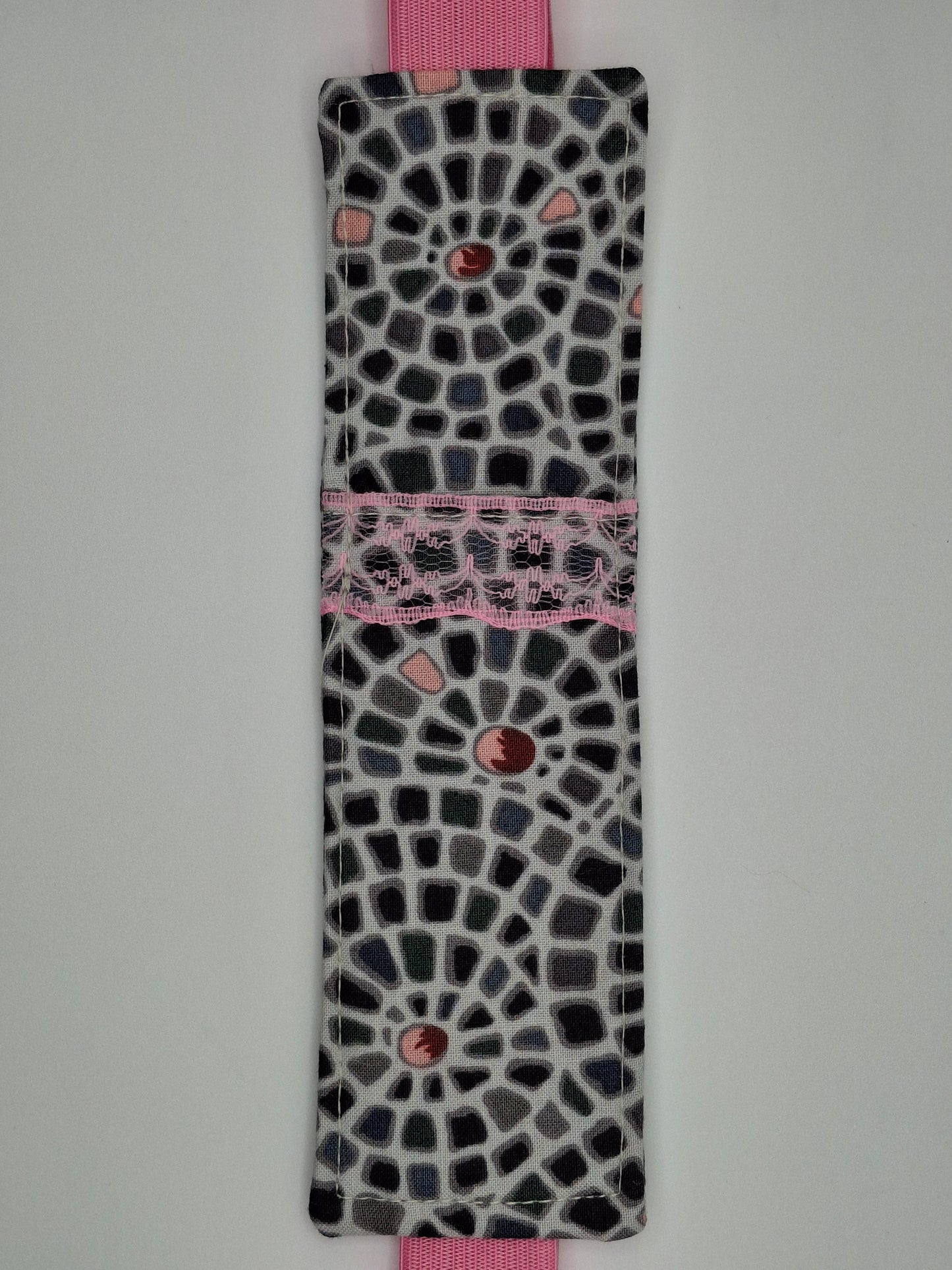 Penholder/Bookmark - Gray Tile Mosaic - Pink Elastic