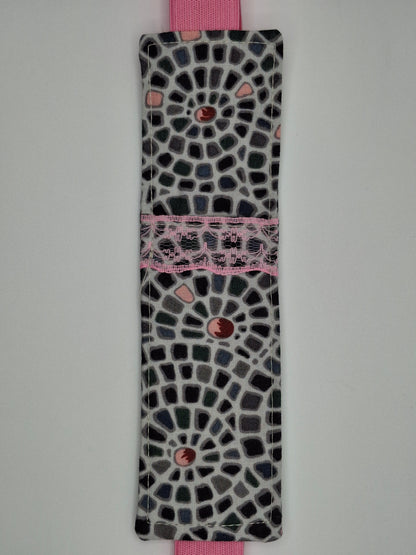 Penholder/Bookmark - Gray Tile Mosaic - Pink Elastic