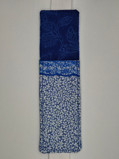 Penholder/Bookmark - Blue Leaf and Blue Botanical Prints - White Elastic