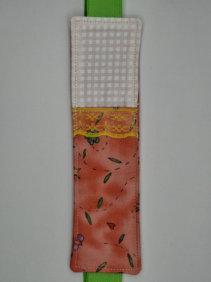 Penholder/Bookmark - White Plaid and Orange Design - Green Elastic