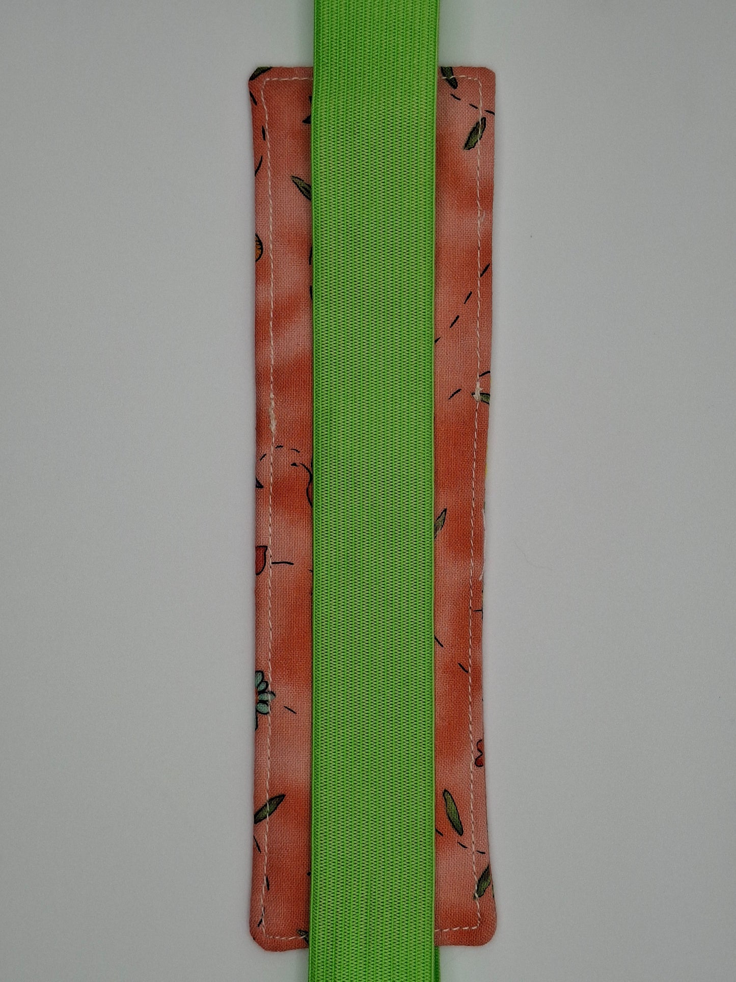 Penholder/Bookmark - White Plaid and Orange Design - Green Elastic