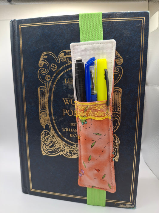 Penholder/Bookmark - White Plaid and Orange Design - Green Elastic