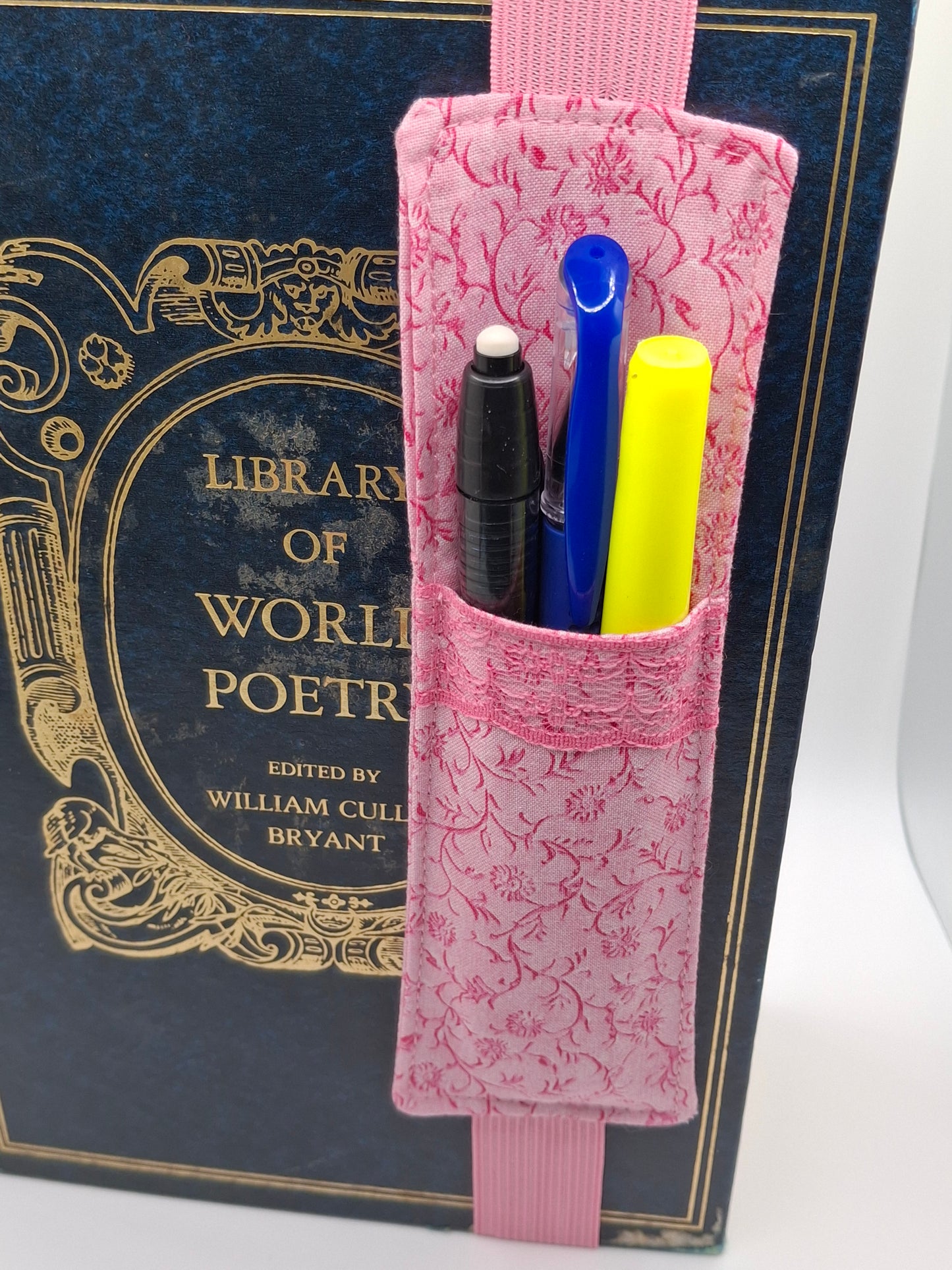 Penholder/Bookmark - Pink Floral - Pink Elastic