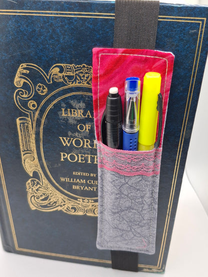 Penholder/Bookmark - Deep Pink and Gray Marble - Black Elastic