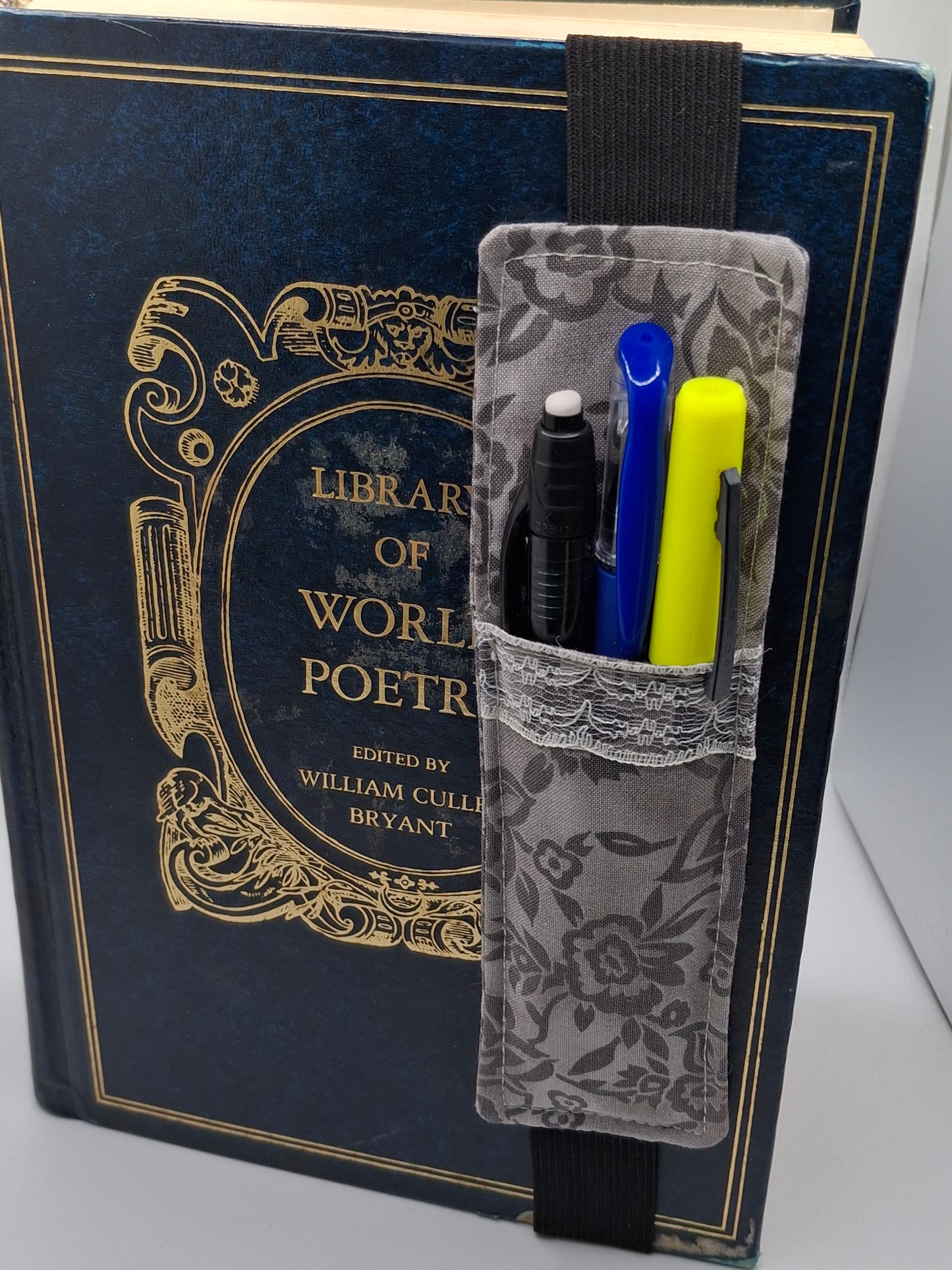 Penholder/Bookmark - Gray Floral Tone - Black Elastic