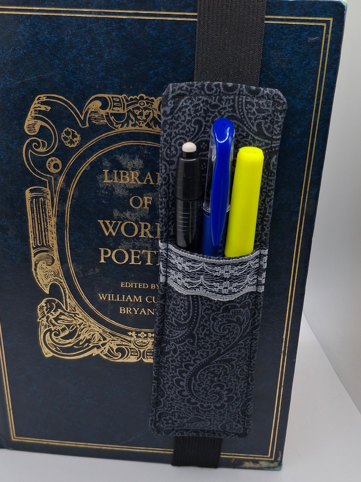 Penholder/Bookmark - Black Paisley - Black Elastic