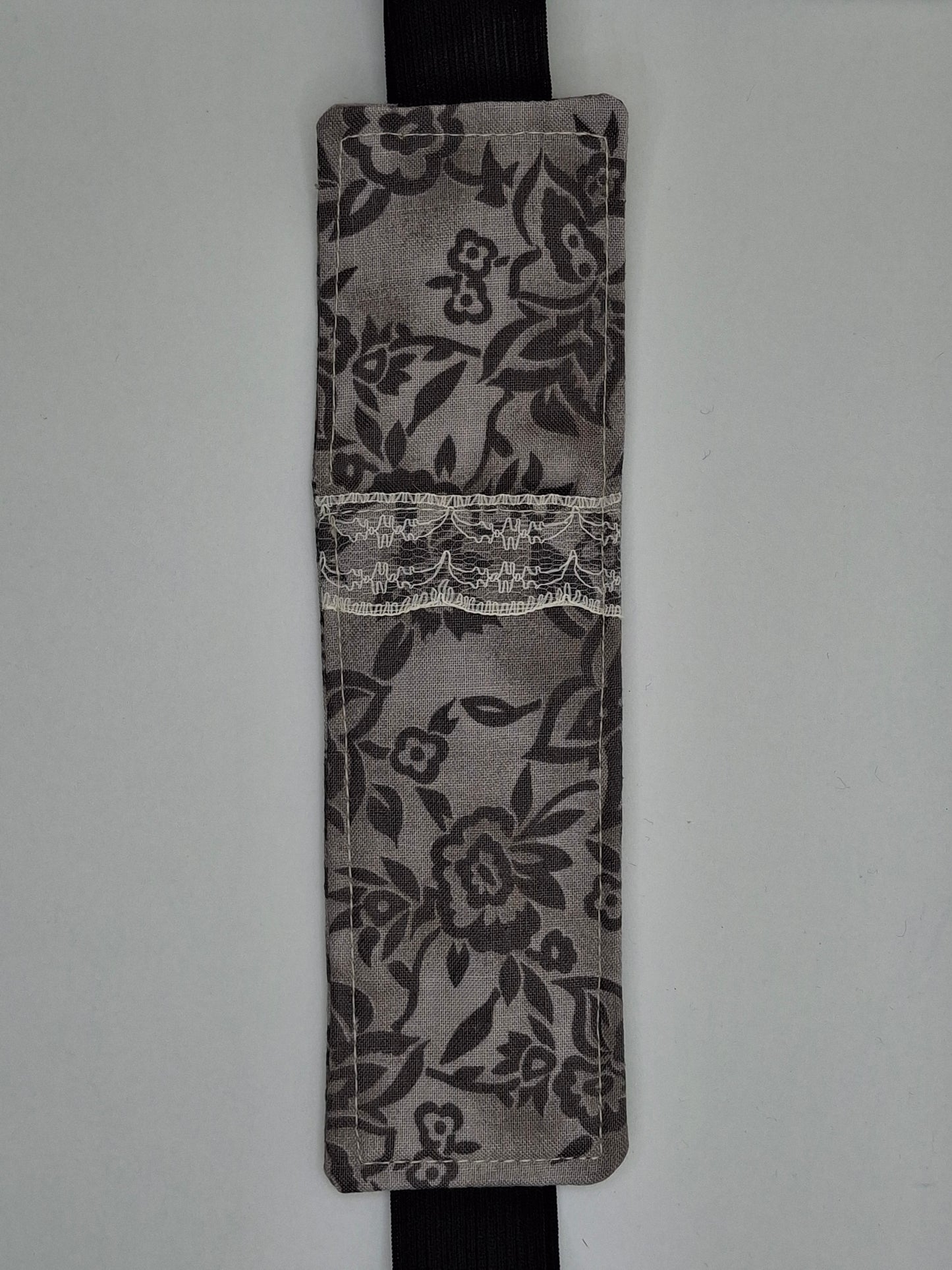 Penholder/Bookmark - Gray Floral Tone - Black Elastic