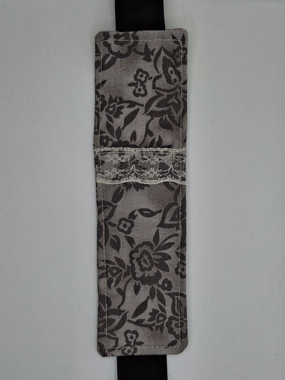 Penholder/Bookmark - Gray Floral Tone - Black Elastic