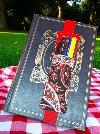 Penholder/Bookmark - Red/white Polka Dot, Red/black Paisley - Red Elastic