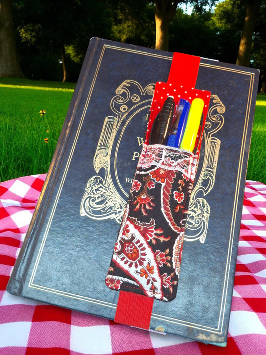 Penholder/Bookmark - Red/white Polka Dot, Red/black Paisley - Red Elastic