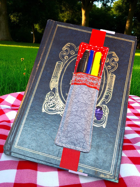 Penholder/Bookmark - Red/white Polka Dot, Gray Marble - Red Elastic