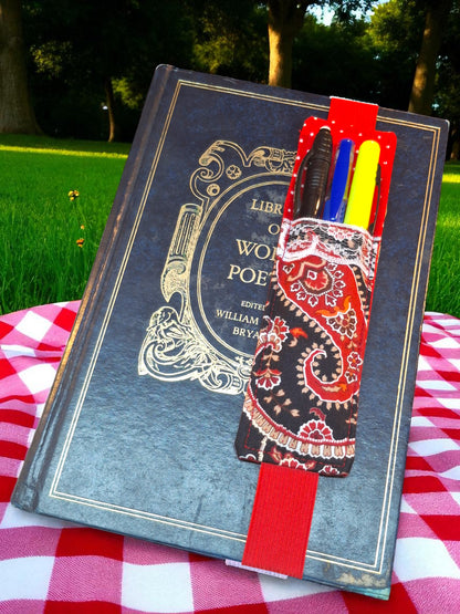 Penholder/Bookmark - Red/white polka dots and Red/black paisley - Red Elastic
