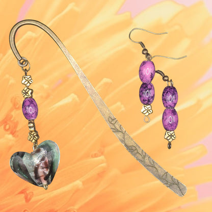 Brass-tone antiqued bookmark with purple marbled bead and translucent heart charm, and earrings