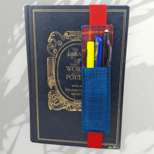 Penholder/Bookmark - Plaid and Blue - Red Elastic
