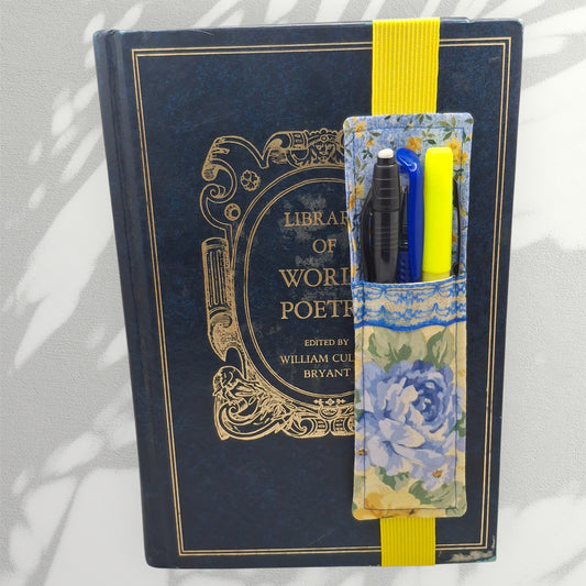 Penholder/Bookmark - Yellow/Blue Floral - Yellow Elastic