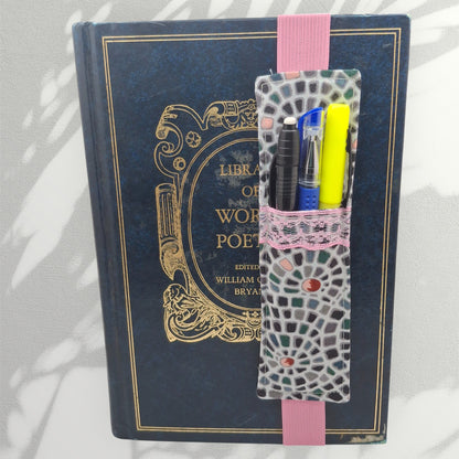 Penholder/Bookmark - Gray Tile Mosaic - Pink Elastic