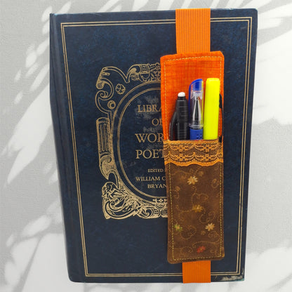 Penholder/Bookmark - Orange and Brown Floral Print - Orange Elastic