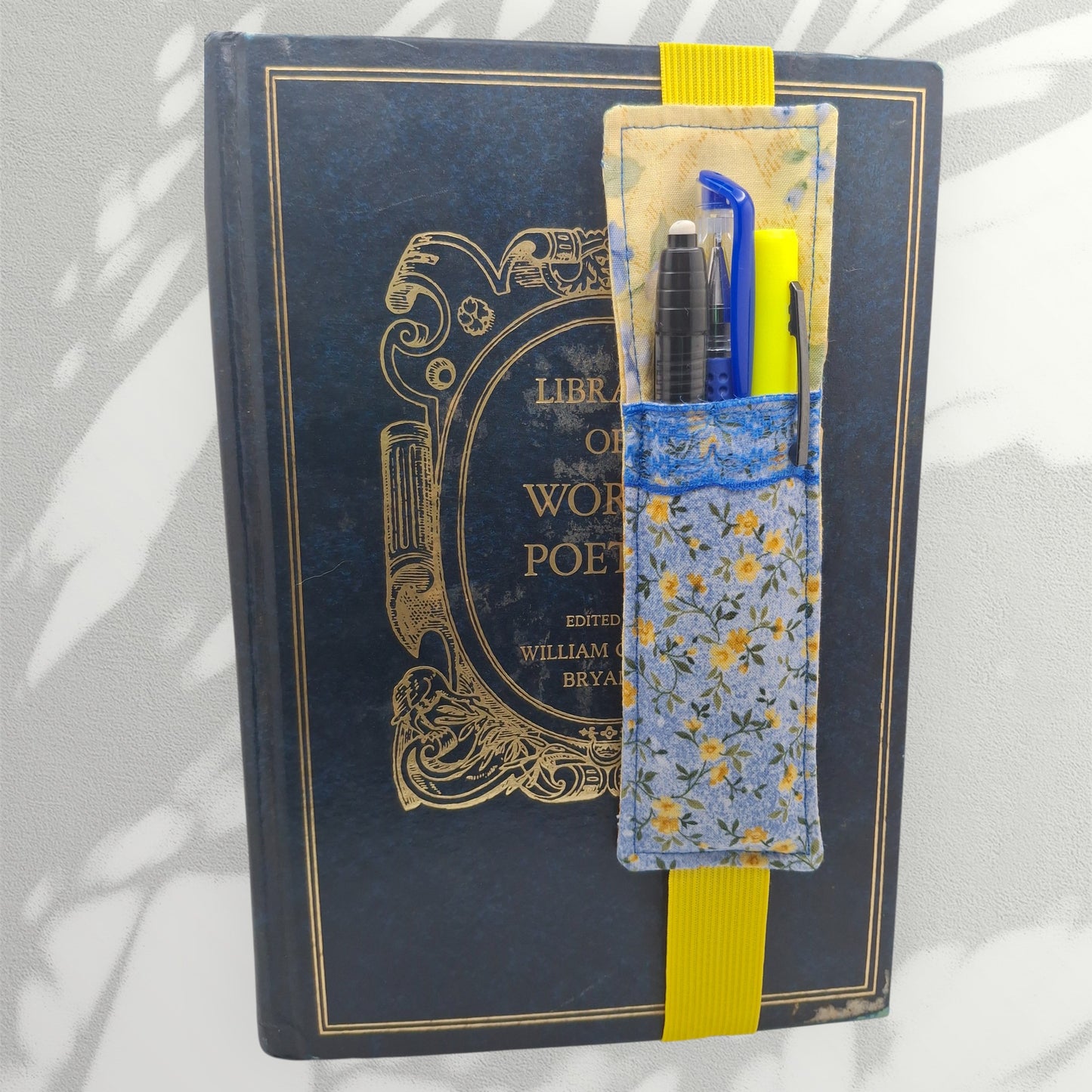 Penholder/Bookmark - Yellow/Blue Floral - Yellow Elastic